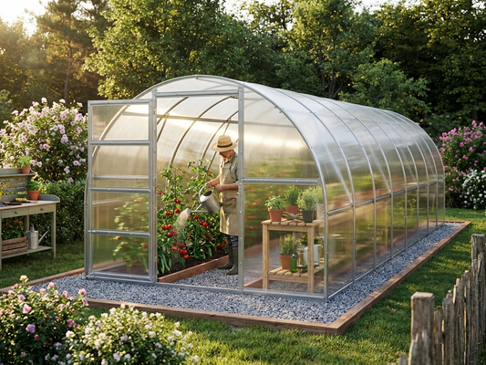 Polycarbonate greenhouse with galvanised steel frame in silver - product detail