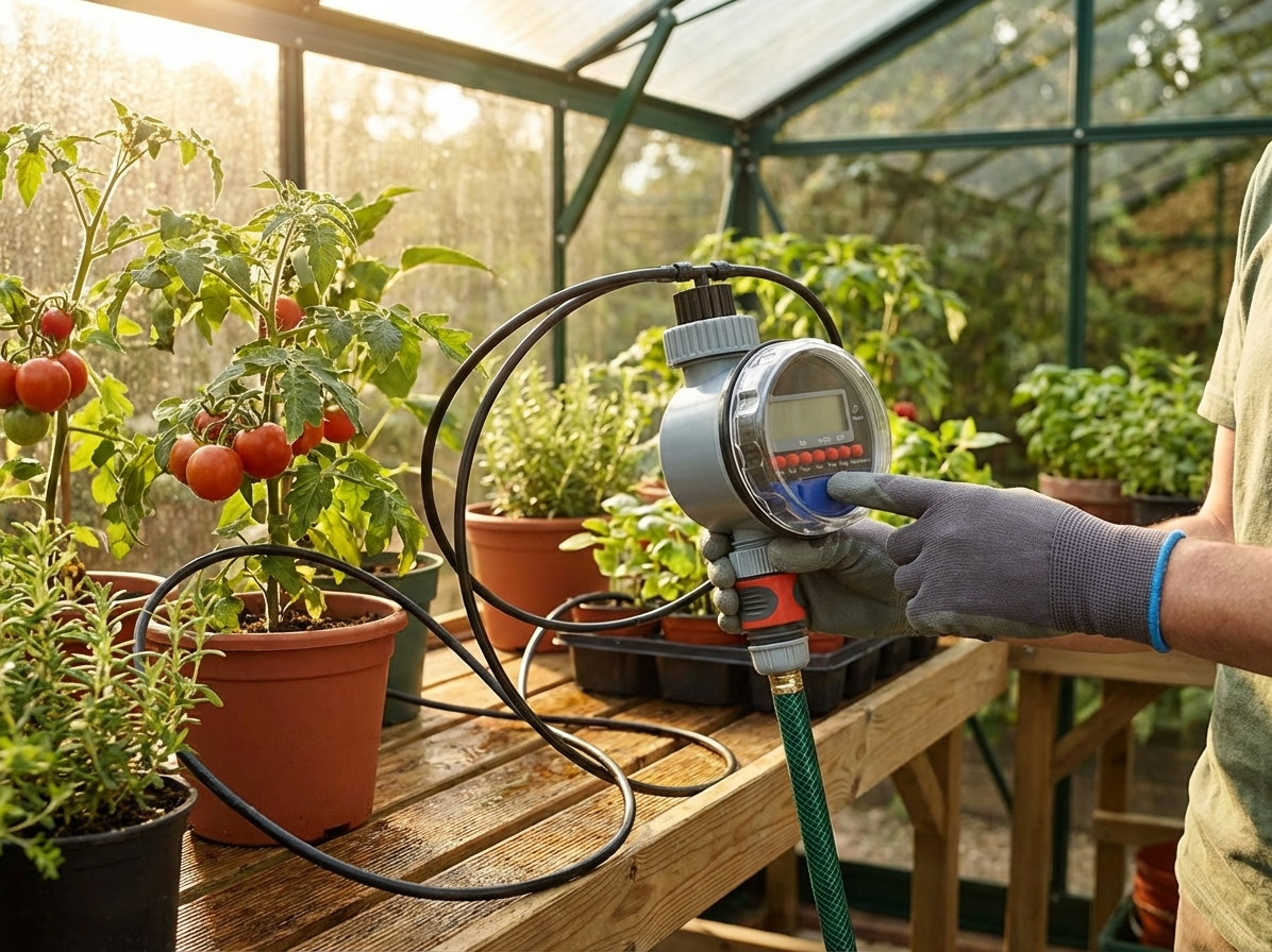 Electronic timer for greenhouse irrigation in black and blue