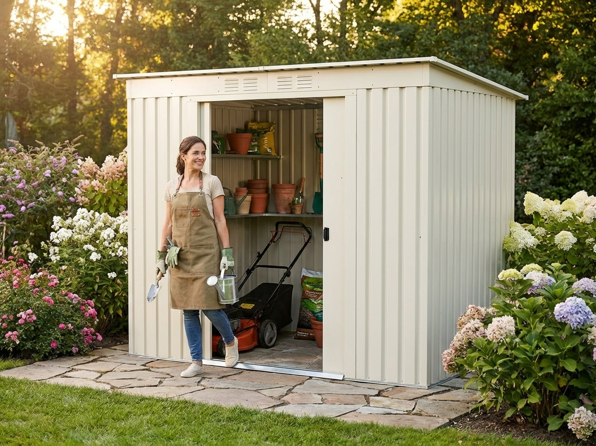 Cream garden shed made from galvanised steel for outdoor storage - product detail