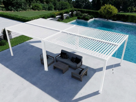 Sleek white bioclimatic pergola gazebo in aluminium for outdoor use