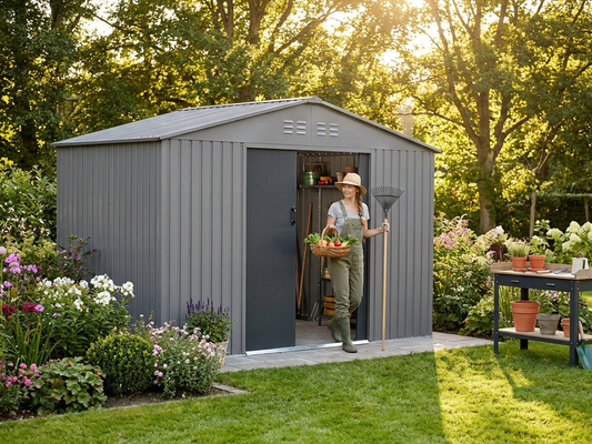 Garden shed in aluminium grey, perfect for outdoor storage