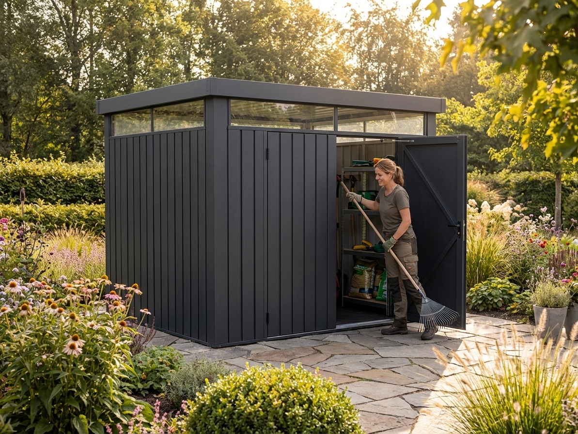 Anthracite garden shed made from galvanised steel for outdoor storage