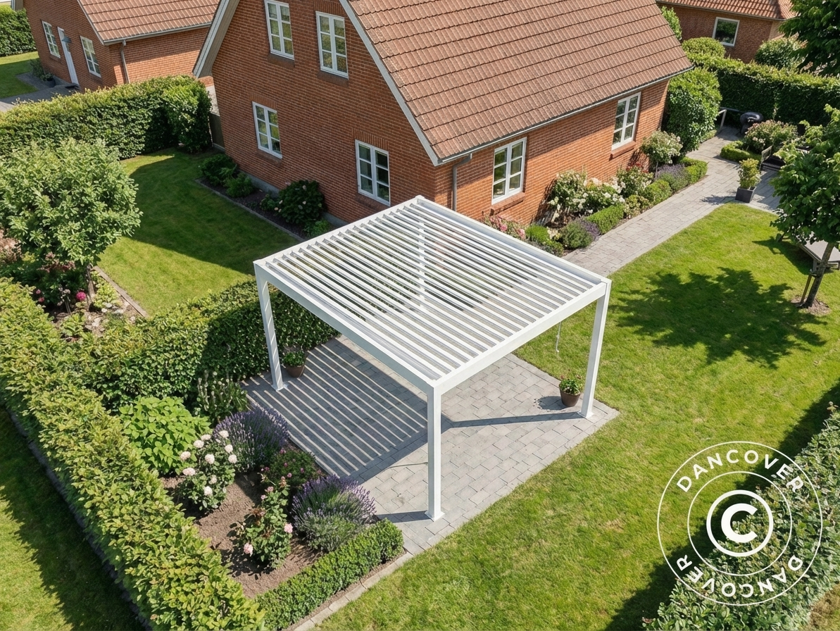 Bioclimatic pergola gazebo in white, outdoor shelter - product detail
