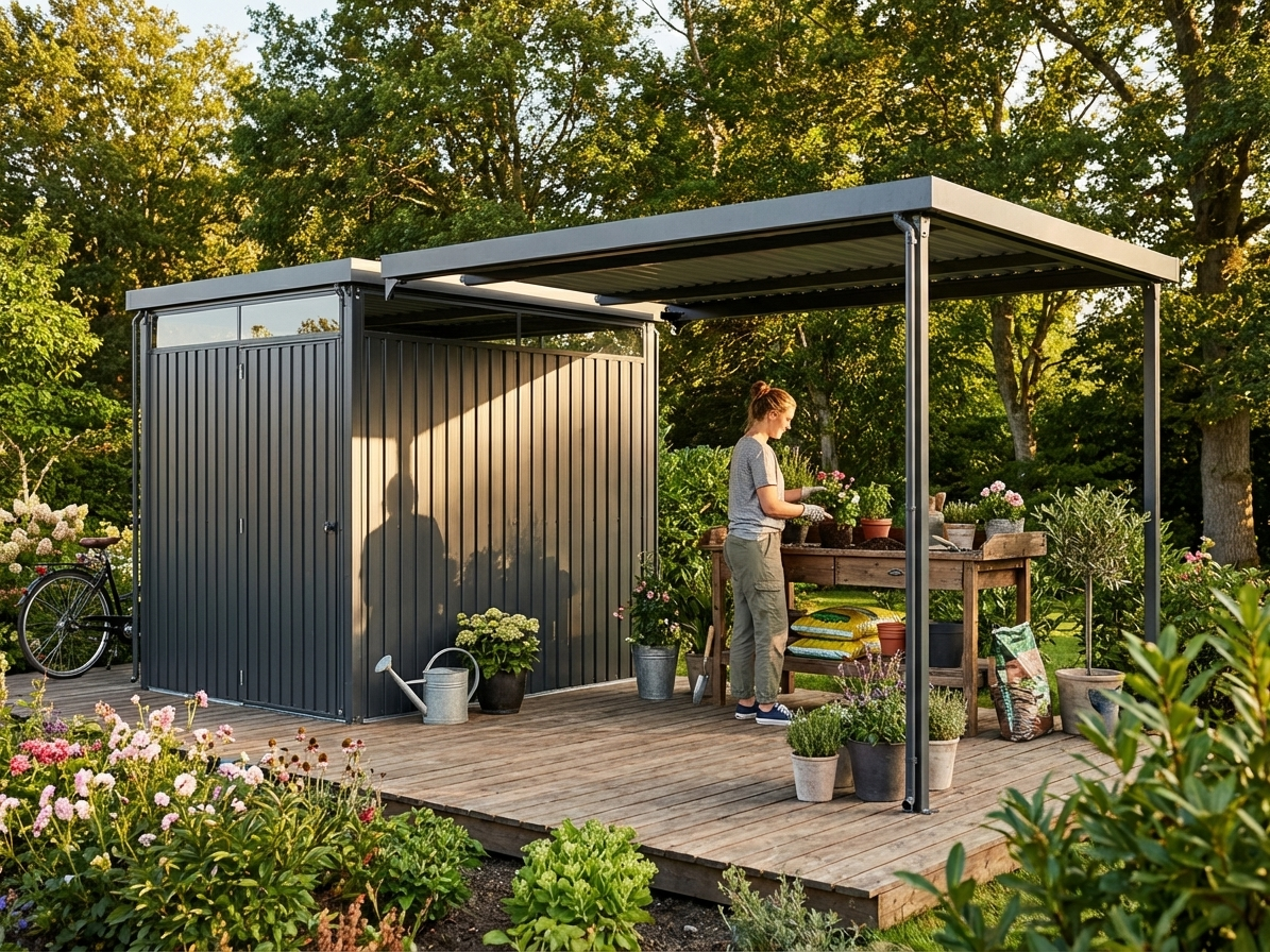 Anthracite garden shed extension made of galvanised steel