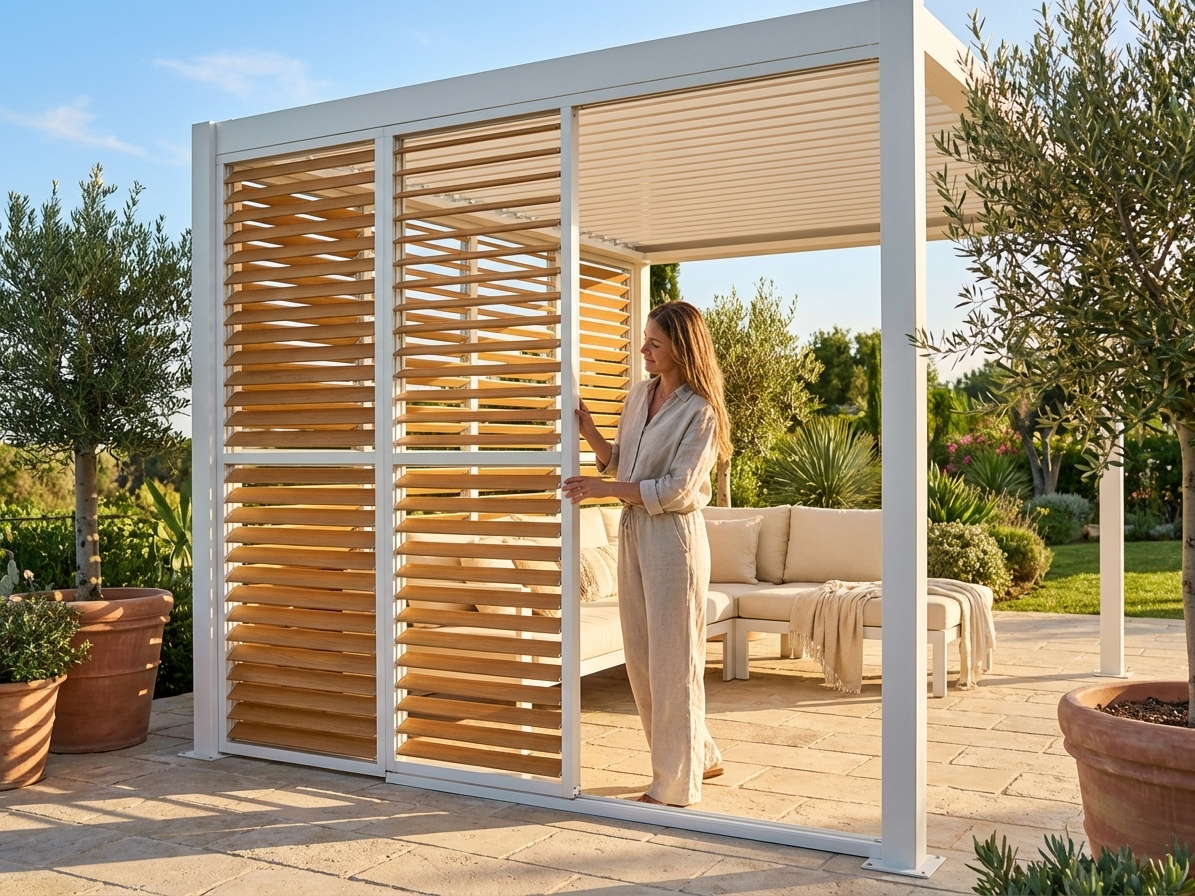 Louvre wall in wood finish and white aluminium for pergolas - product detail