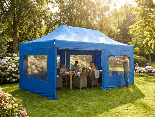 Blue pop-up gazebo 4x8m with aluminium frame for commercial use