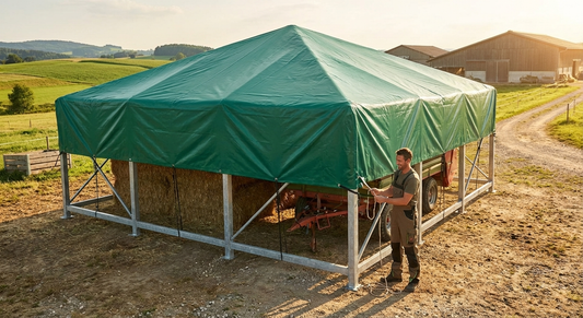 Green PVC roof cover for storage shelters, showing durable construction