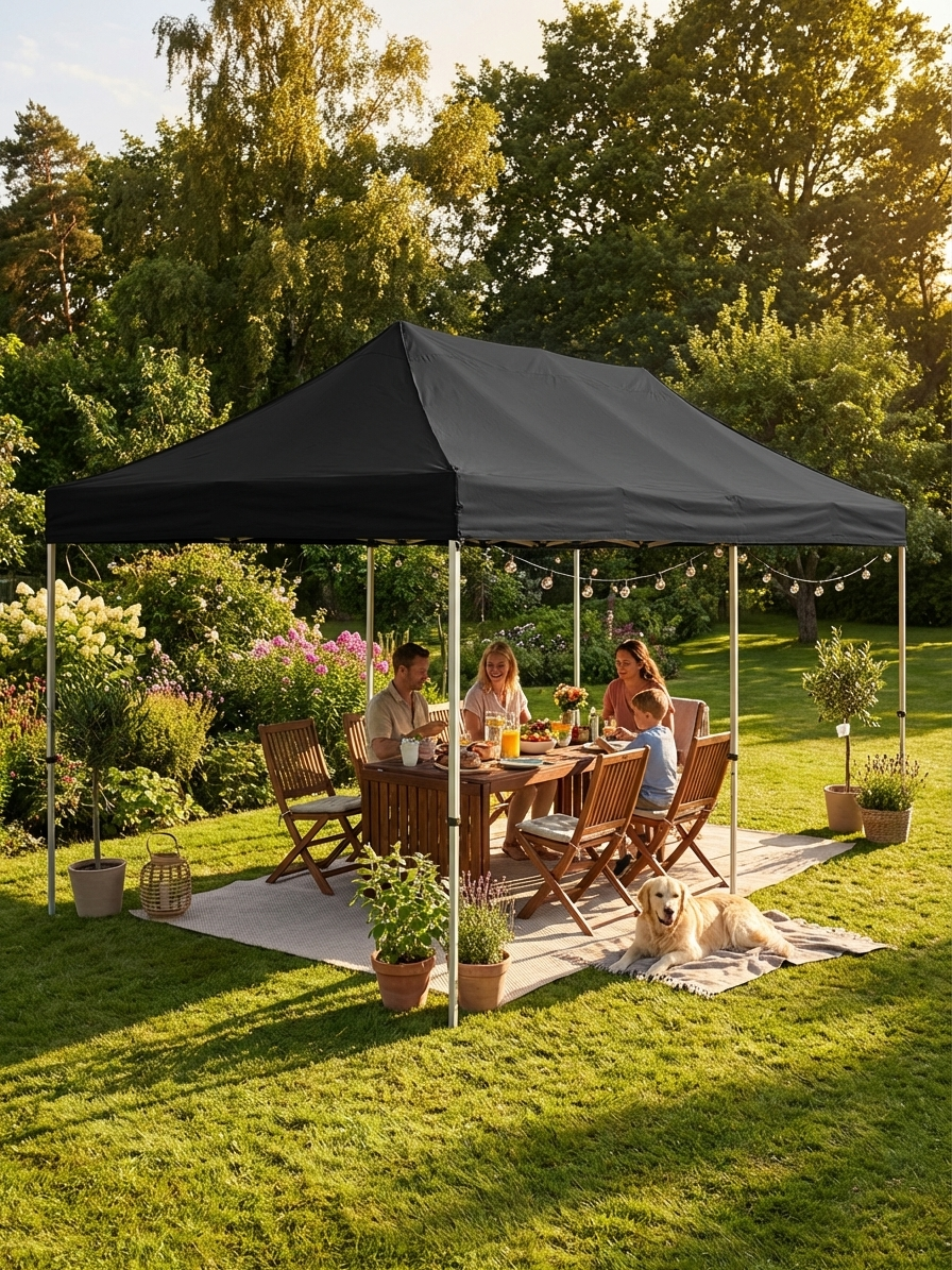 Black pop-up gazebo with flame retardant material for outdoor use