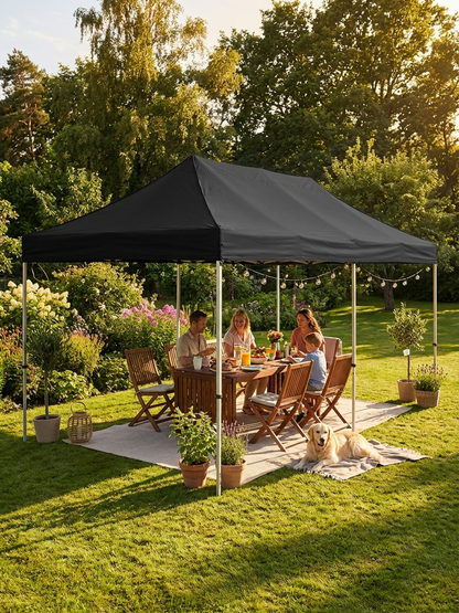 Black pop-up gazebo with flame retardant material for outdoor use