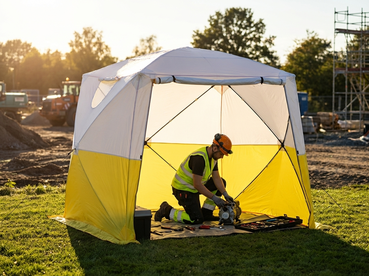 Flame retardant work tent in yellow and white - view 3