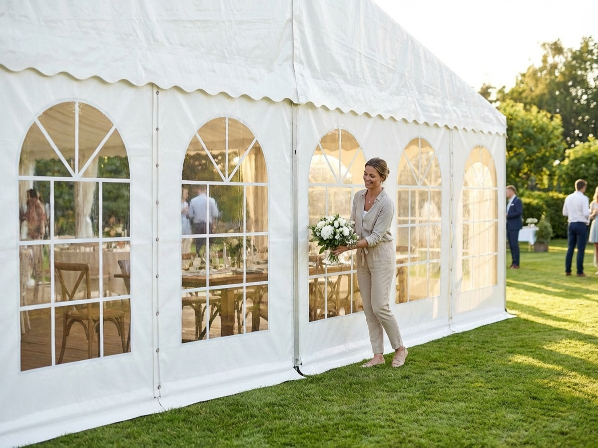 White 10m marquee sidewall made of polyethylene tarpaulin - product detail