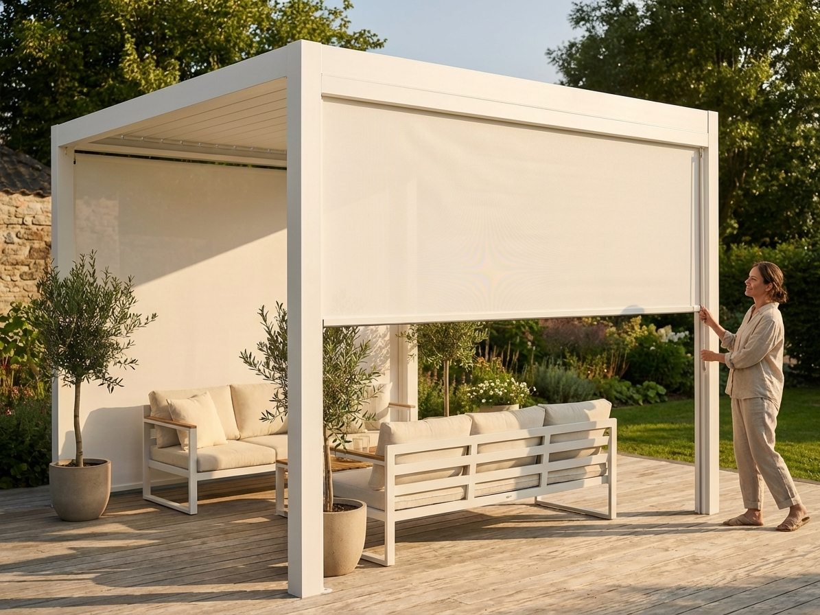 White pergola gazebo sidewall screen for outdoor privacy