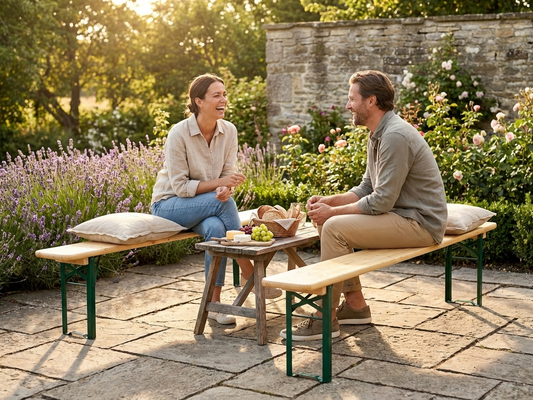 Wooden bench in light wood colour with pinewood and steel frame