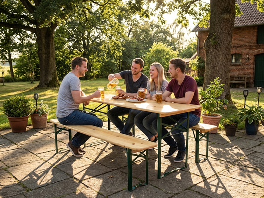 Outdoor beer table set made from pinewood and steel