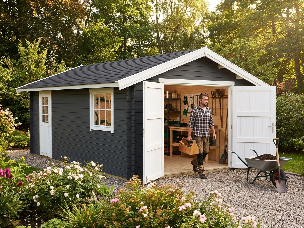 Wooden garage in dark grey with Nordic Spruce material