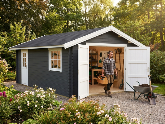 Wooden garage in dark grey with Nordic Spruce material