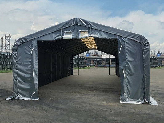 Grey storage shelter 7x7x3.8 m made of PVC and steel
