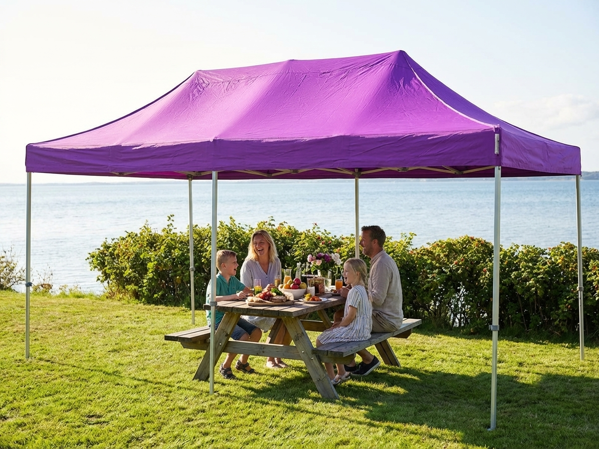 Purple pop-up gazebo with aluminium frame, suitable for outdoor events