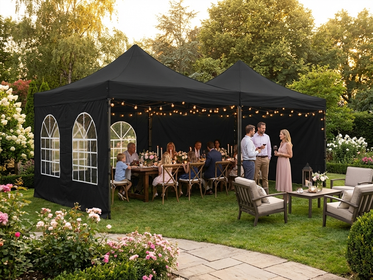 Black pop up gazebo with steel frame for outdoor events