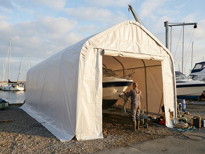 White PVC storage tent with galvanised steel frame
