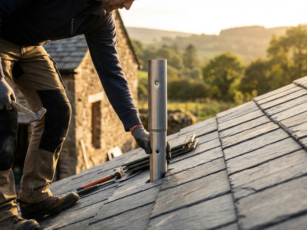 Grey steel roof pipe, powder-coated for industrial use