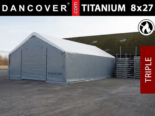 White and grey storage shelter 8x27m