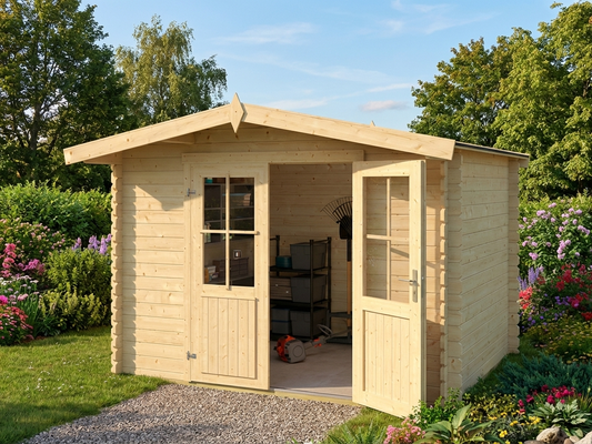 Wooden shed in natural finish made of Nordic Spruce for garden storage - product detail