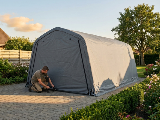 Folding garage with steel frame and grey fabric, ideal for outdoor car storage
