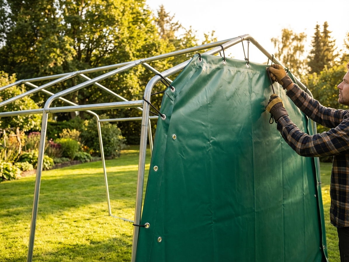 Green PVC endwall/door for portable garage