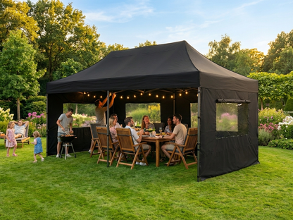 Black pop up gazebo with aluminium frame, ideal for outdoor events