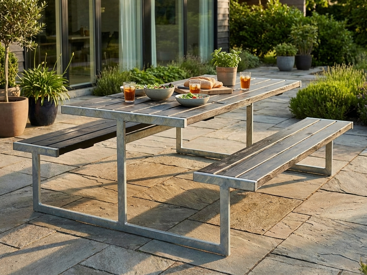Black picnic table made of pinewood and galvanised steel for outdoor use - product detail
