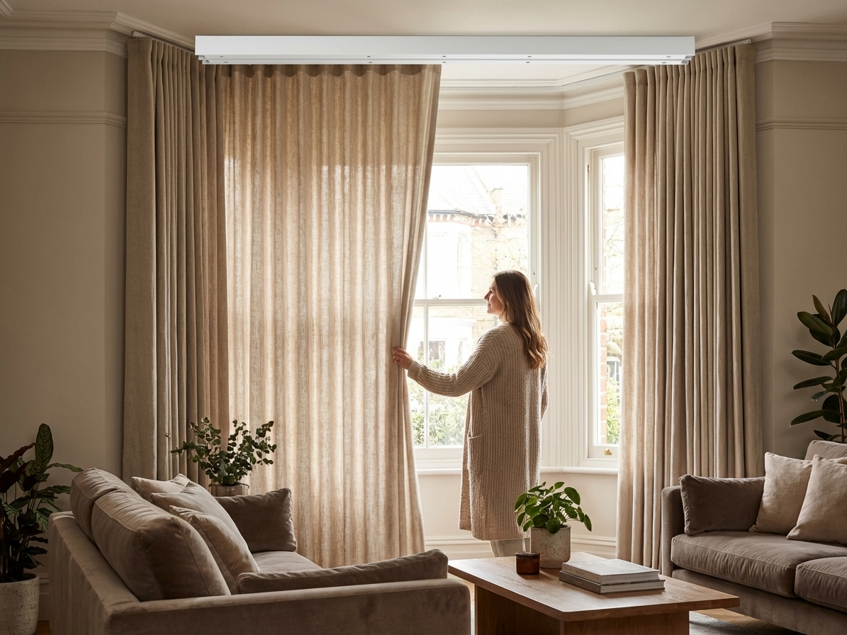 Grey curtain rail made of powder-coated steel
