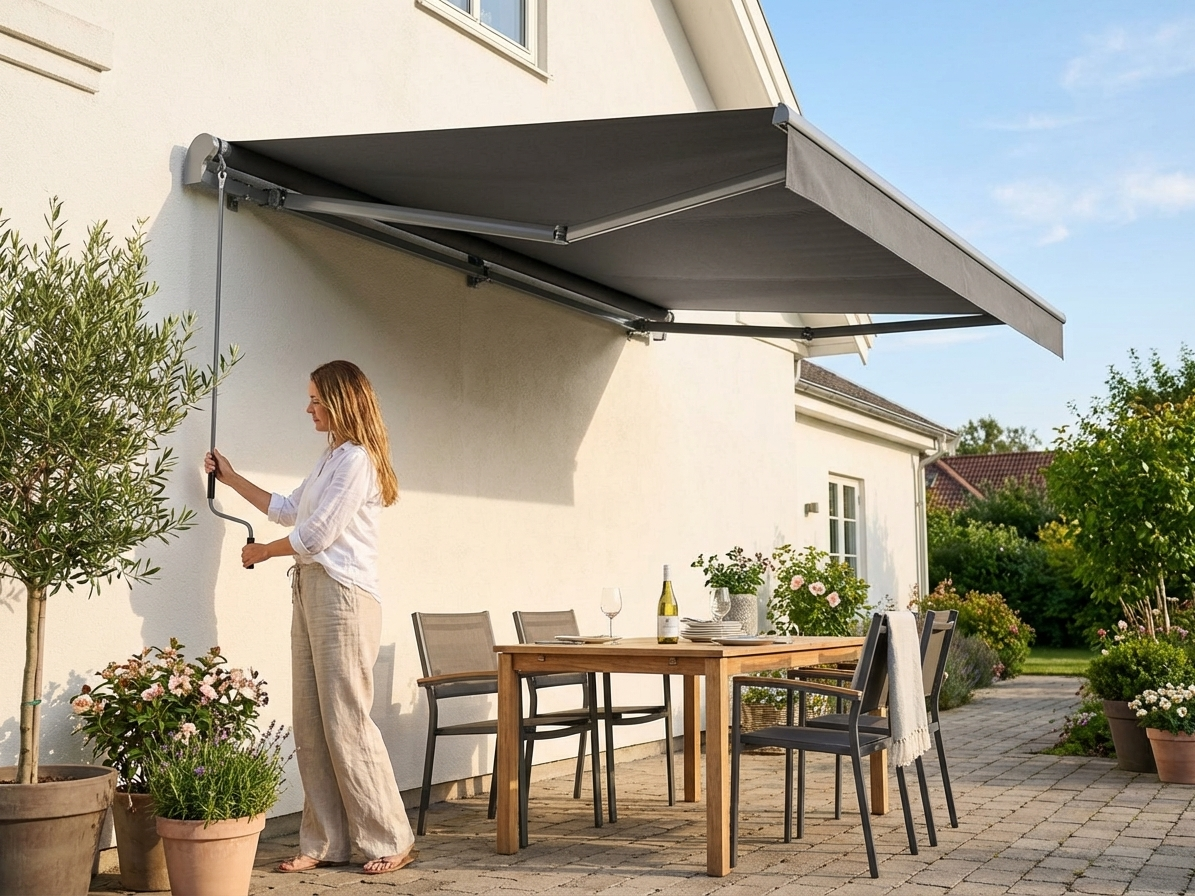Grey outdoor awning with aluminium frame for patio