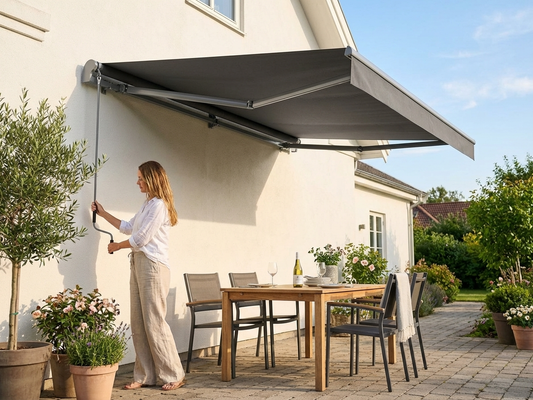 Grey outdoor awning with aluminium frame for patio