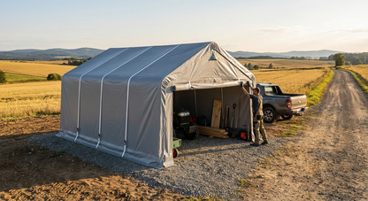 Grey PVC storage shelter with galvanised steel frame - product detail