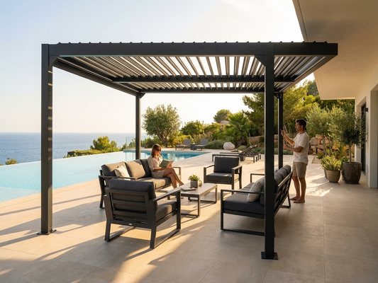 Bioclimatic pergola gazebo in black, 4x4m, aluminium for outdoor use