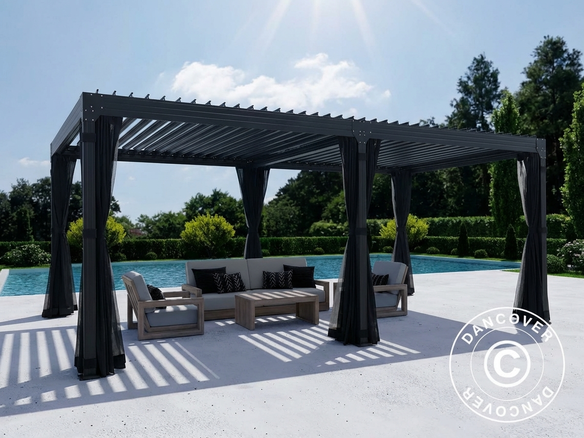 Bioclimatic pergola gazebo in black, 4x6 m, with curtains and mosquito net - product detail
