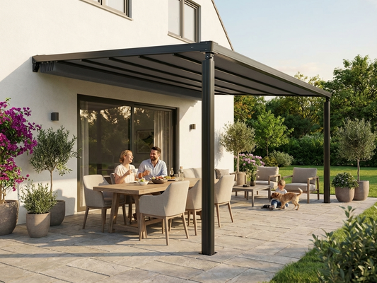 Patio cover in black and dark grey with aluminium frame