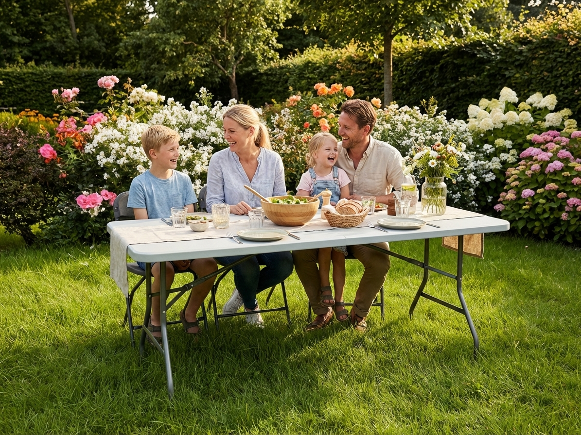 Light grey banquet table with steel frame for indoor and outdoor events - product detail