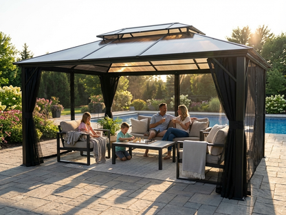 Black aluminium gazebo with curtains and mosquito net for outdoor use