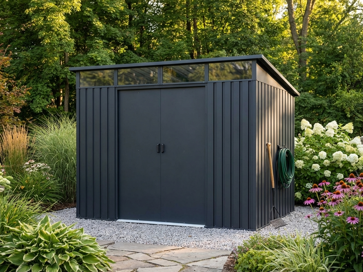 Anthracite garden shed with double sliding door, perfect for outdoor storage