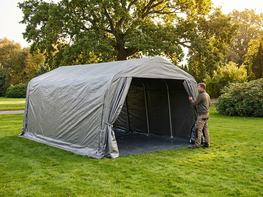 Portable grey garage with polyethylene and steel for outdoor use