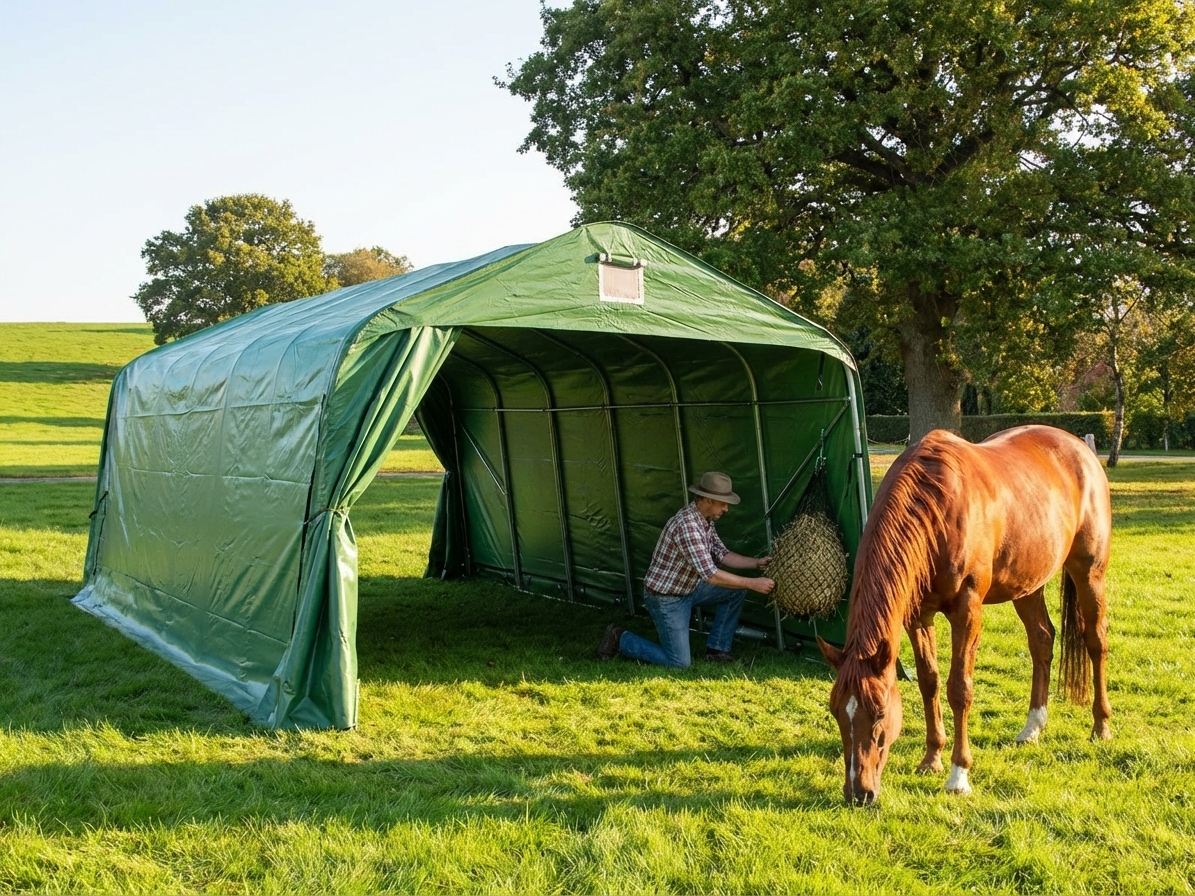 Green PVC livestock shelter for outdoor use