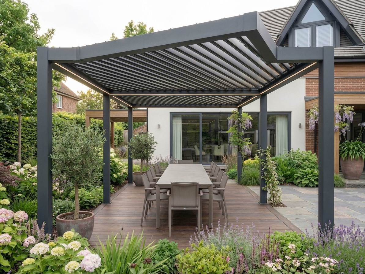 Bioclimatic pergola gazebo in black with steel frame for outdoor use