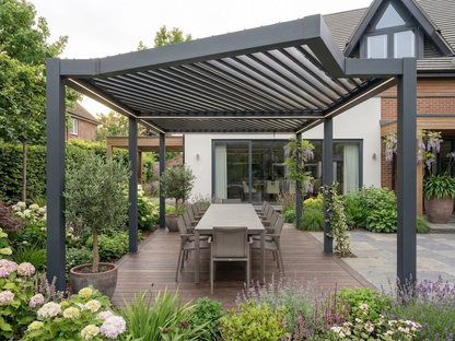 Bioclimatic pergola gazebo in black with steel frame for outdoor use