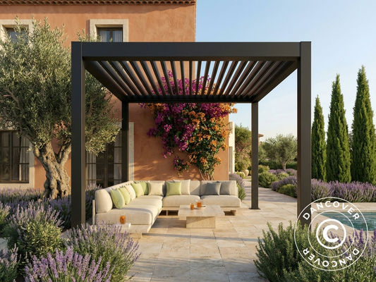 Bioclimatic pergola gazebo in black, 3x3 meters, galvanised steel