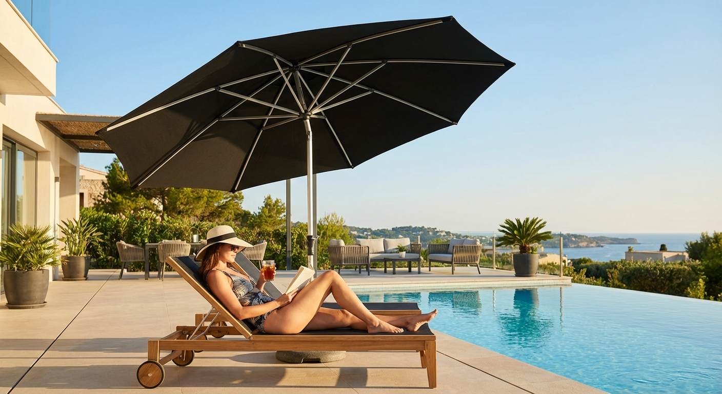 Black garden parasol with aluminium frame and UV-resistance - product detail