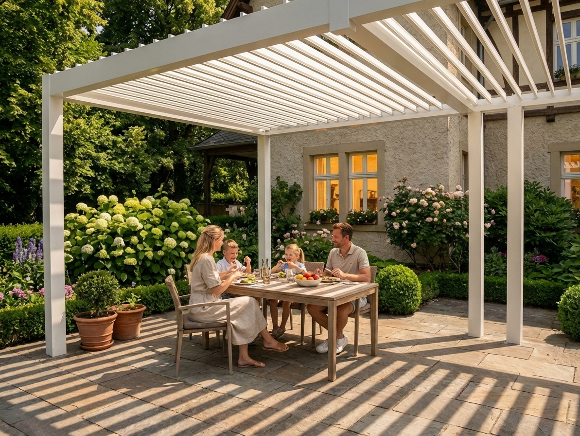White bioclimatic pergola gazebo for garden and patio