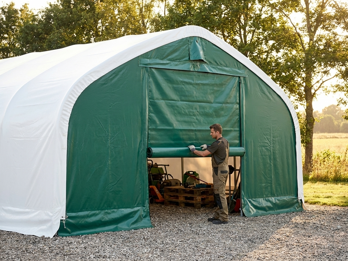 Green PVC storage shelter end wall/door for industrial use