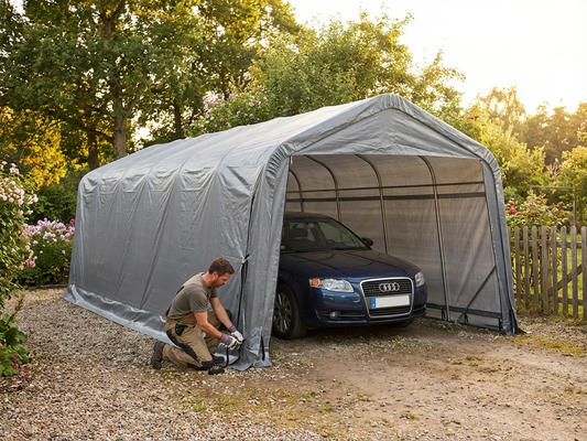 Portable Garage made from PE tarpaulin in grey for outdoor storage